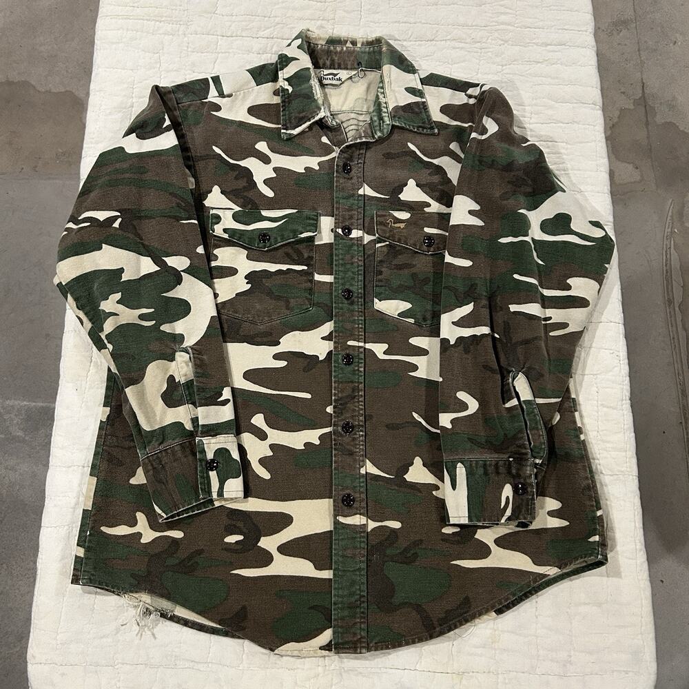 Vintage 80s Duxbak Shirt Mens L Duck Camo Chamois Flannel Hunting Button Up USA